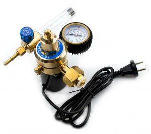 Heated CO2 regulator with flowmeter, electric heater36V 150 Watt, Forged brass body and housing cap, 0-25 kg/cm2, 1-25 L/min