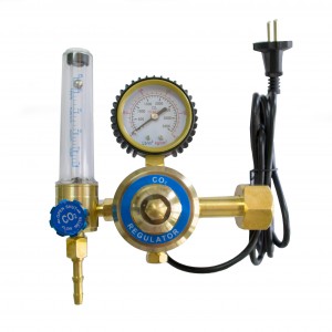Heated CO2 regulator with flowmeter, electric heater36V 150 Watt, Forged brass body and housing cap, 0-25 kg/cm2, 1-25 L/min